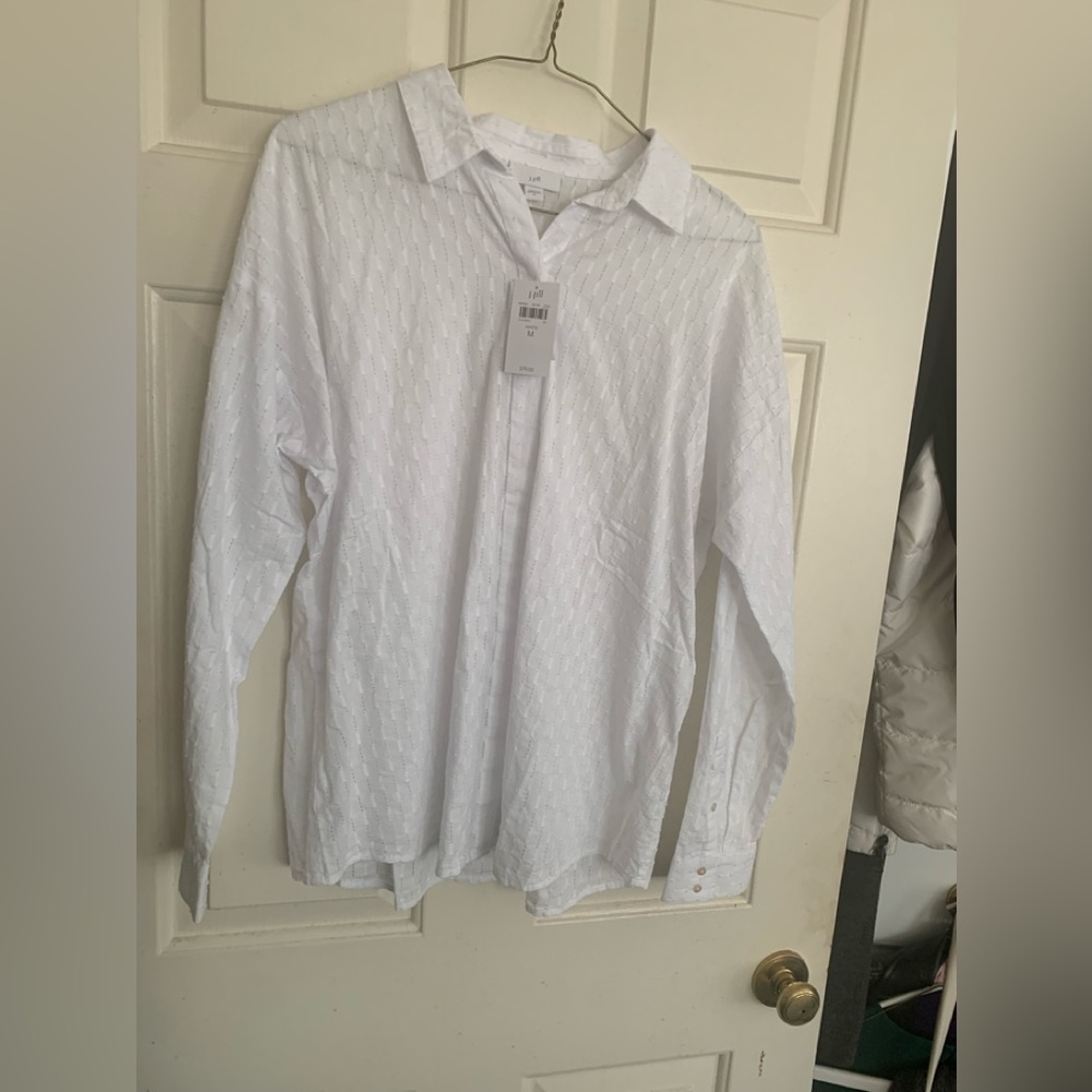 * New J Jill Classic White Blouse Shirt with Open Stitch Pattern SZ Medium *